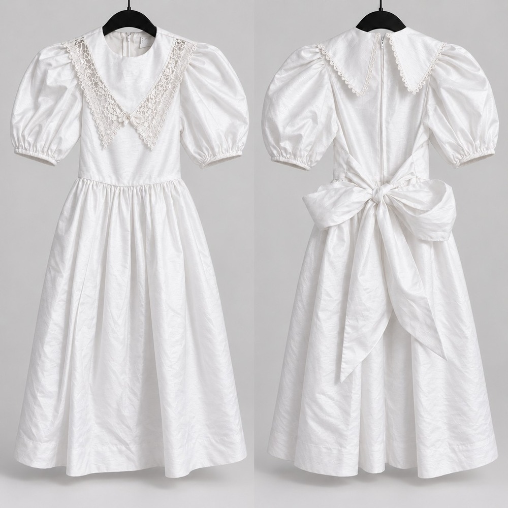 Vintage Girls 7 Puff Sleeve Lace Collar Flower Girl Doll Dress Wedding Costume